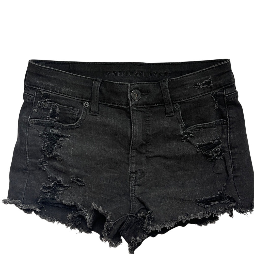 American Eagle‎ Outfitters Black Denim Hi Rise Shortie Shorts 4